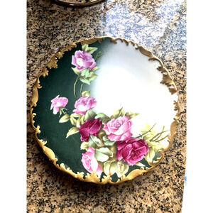 Chipped Vintage T&V Limoges Rose Artist Signed Plate Green White Gold Pink Plate